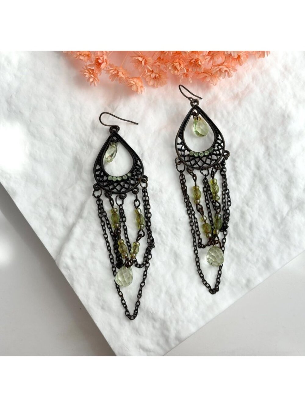 Ultra Dark Silver Toned Green Rhinestone Chandelier Vintage Dangle Earrings - Picture 10 of 13